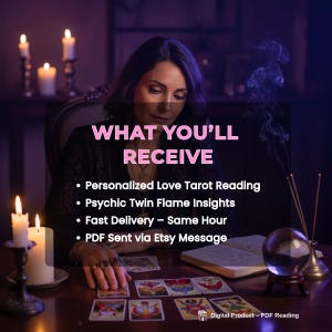 Puede incluir: Imagen de una mujer con cartas del tarot, velas y una bola de cristal. Se muestra el texto "WHAT YOU'LL RECEIVE", junto con vi&ntilde;etas que enumeran los servicios: Lectura de tarot de amor personalizada, Perspectivas de llama gemela ps&iacute;quica, Entrega r&aacute;pida y PDF a trav&eacute;s de mensaje de Etsy.