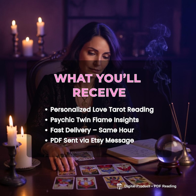 Puede incluir: Imagen de una mujer con cartas del tarot, velas y una bola de cristal. Se muestra el texto "WHAT YOU'LL RECEIVE", junto con vi&ntilde;etas que enumeran los servicios: Lectura de tarot de amor personalizada, Perspectivas de llama gemela ps&iacute;quica, Entrega r&aacute;pida y PDF a trav&eacute;s de mensaje de Etsy.
