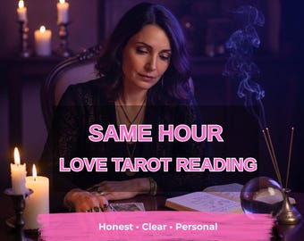 May include: An image promoting a love tarot reading. The text "SAME HOUR LOVE TAROT READING" is displayed in pink. The image includes candles, tarot cards, a crystal ball, and a woman. The text "Honest • Clear • Personal" is also displayed.