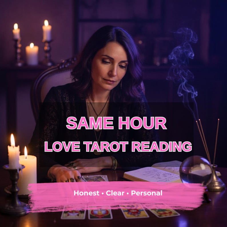 Puede incluir: Imagen que promociona una lectura de tarot del amor. El texto "SAME HOUR LOVE TAROT READING" est&aacute; en rosa. La imagen incluye velas, cartas del tarot, una bola de cristal y una mujer. Tambi&eacute;n se muestra el texto "Honest &bull; Clear &bull; Personal".