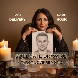 May include: A woman holding a drawing of a man, with text that reads "SOULMATE DRAWING + TAROT LOVE READING." The image also includes the text "FAST DELIVERY" and "SAME HOUR." Lit candles and crystals are on the table.