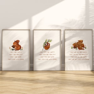 Cute Watercolor Loving Kindness Printable Animals Wall Art Set, Metta Prayer, Buddhist Meditation, Kids Room, Baby Nursery, Instant Download