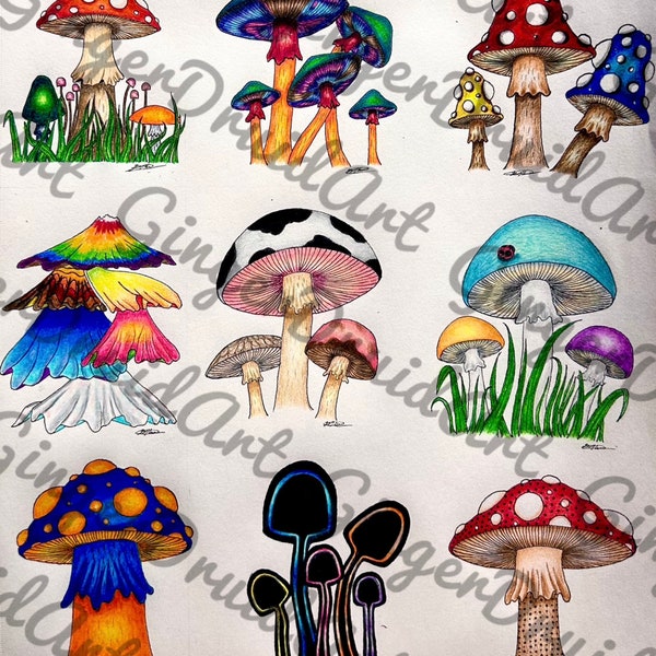 Fungi and Toadstool Tattoo Flash, Fungi design, Toadstool Design, Fungi and Toadstool drawing, Gift for Mushroom and Art Lovers