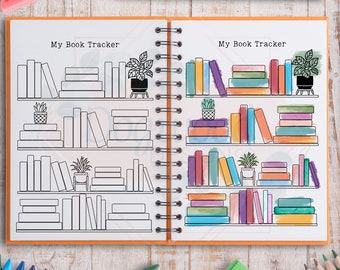 May include: An open notebook with a black and white illustration of a bookshelf with books and plants on each shelf. The right page of the notebook is colored in with watercolor paints. The notebook says "My Book Tracker" at the top of each page.