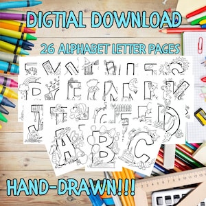 Páginas para colorear del alfabeto -26 páginas para colorear de letras del alfabeto dibujadas a mano -Descarga digital -Hojas de colores ABC -Hojas del alfabeto de educación temprana