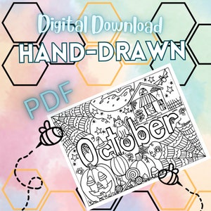 Afdrukbare kleurplaat van oktober - Handgetekende kleurplaat van oktober - Maandkleurenblad - Originele kleurplaat van oktober - Digitale download