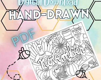 November Printable Coloring Page- Hand-Drawn November Coloring Page - Month Color Sheet - Original November Coloring Page - Digital Download