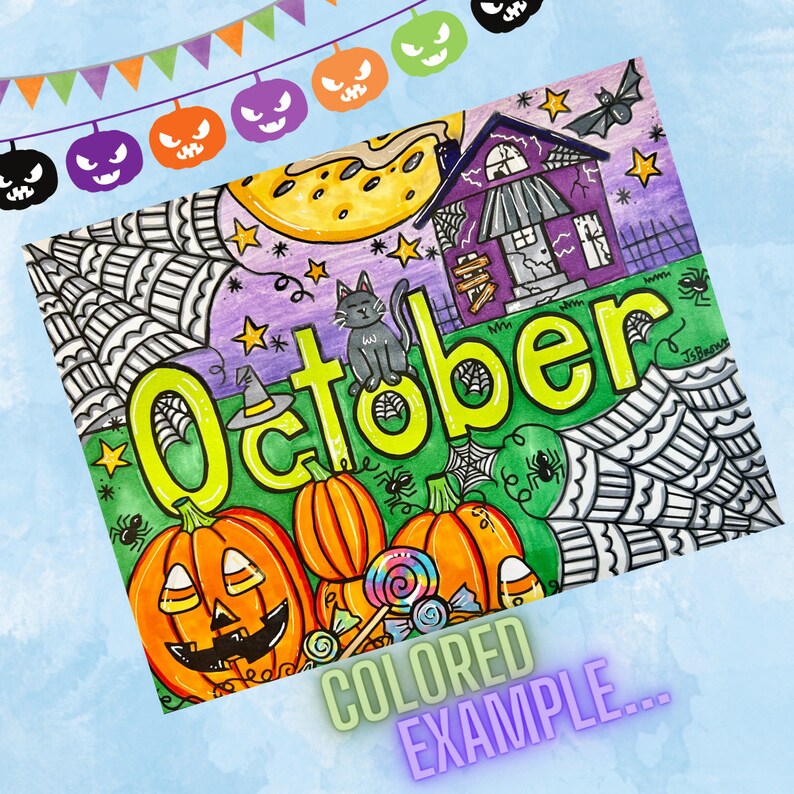 October Printable Coloring Page Handdrawn October Coloring Etsy