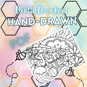 Pode incluir: Uma página para colorir imprimível em preto e branco com uma ilustração desenhada à mão da palavra "junho" com um sol, ondas, flores e notas musicais. O texto "Download digital DESENHADO À MÃO PDF" está no topo da imagem.