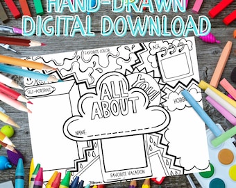 May include: Black and white printable "All About You" worksheet with sections for a self-portrait, name, age, favorite color, hobbies, and favorite vacation.