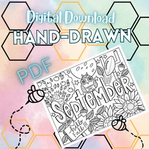 September Printable Coloring Page- Hand-Drawn September Coloring Page- Month Color Sheet- Original September Coloring Page- Digital Download