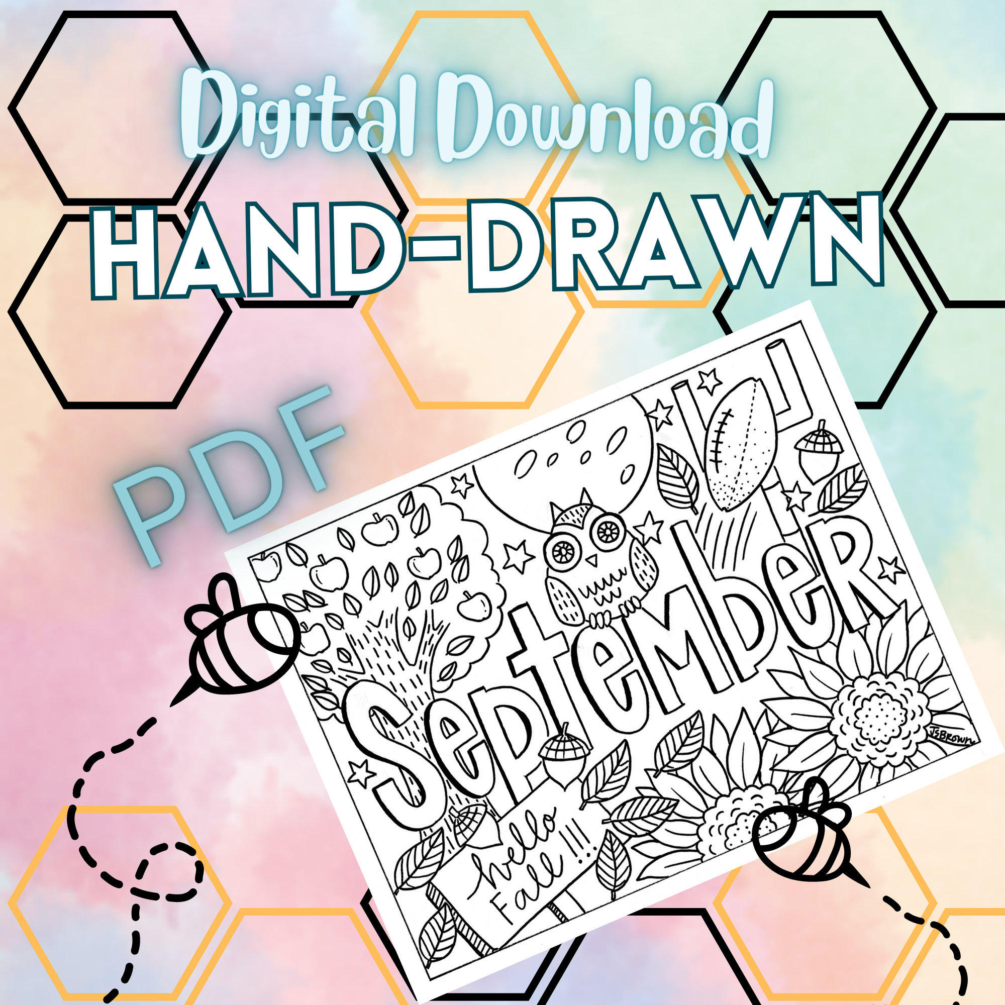 September Printable Coloring Page- Hand-Drawn September Coloring Page- Month Color Sheet- Original September Coloring Page- Digital Download