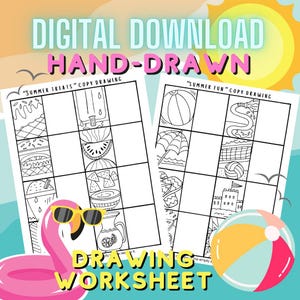 Puede incluir: Hojas de trabajo de dibujo para descargar digitalmente con temas de verano. Las hojas de trabajo presentan ilustraciones dibujadas a mano de golosinas y actividades de verano. También se muestra un flotador de flamenco rosa con gafas de sol y un balón de playa.