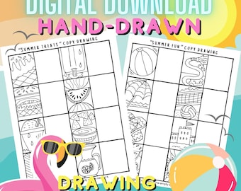May include: Digital download drawing worksheets with summer themes. The worksheets feature hand-drawn illustrations of summer treats and fun activities. A pink flamingo float with sunglasses and a beach ball are also shown.
