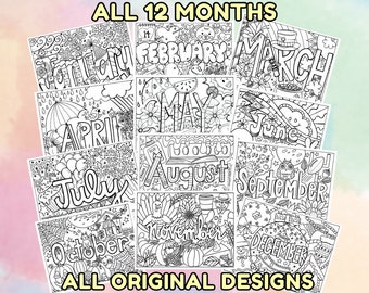 All 12 Months Color Sheets -Monthly Coloring Pages -January Through December Coloring Sheets -Digital Downloads -Hand-drawn