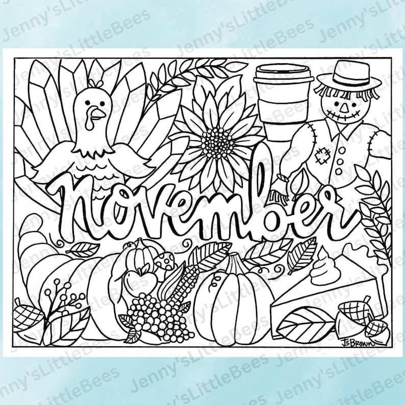 November Script Color Page November Printable Coloring Page- Hand-drawn November Coloring Page ...