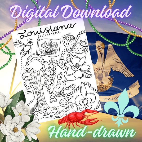 Louisiana State Symbols -Louisiana Symbols Coloring Page -LA Symbols -Louisiana History -Magnolia -Fleur de lis -Crawfish -Digital Download