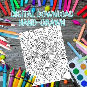 Art Supplies Mandala Color Sheet -Mandala Coloring Page -Art Supplies Mandala -Hand-drawn -Digital Download -Printable Coloring Page