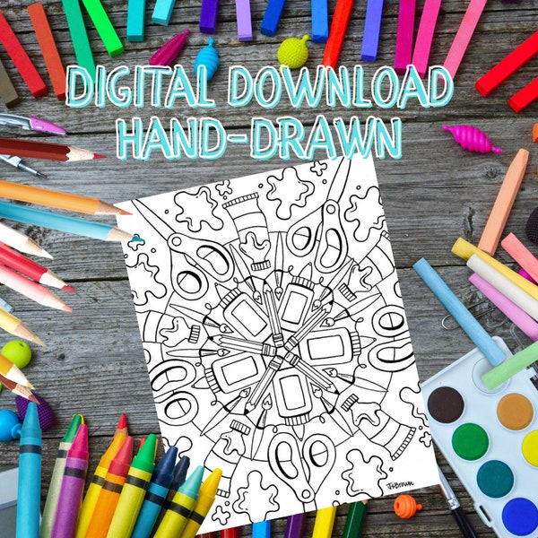 Art Supplies Mandala Color Sheet -Mandala Coloring Page -Art Supplies Mandala -Hand-drawn -Digital Download -Printable Coloring Page