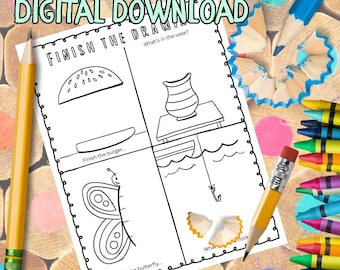 May include: A black and white "Finish the Drawing" digital download. The image features a drawing activity with prompts like "Finish the burger" and "What's in the vase?" Pencils and crayons surround the drawing.