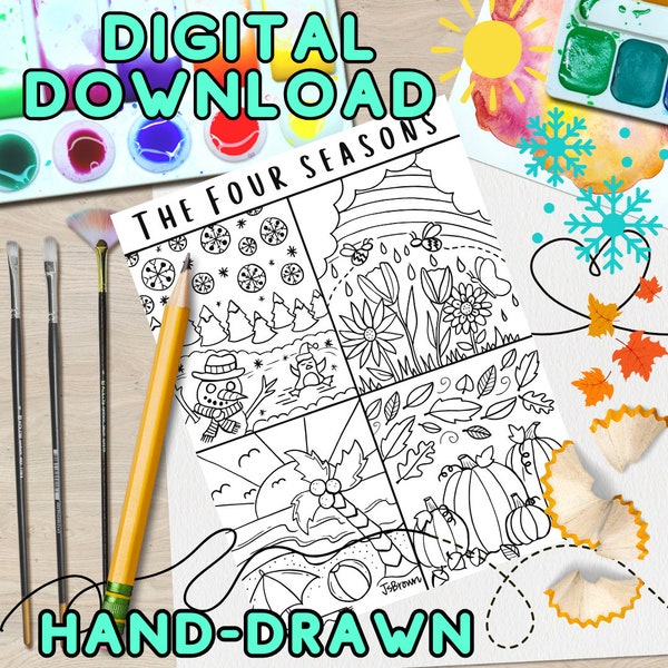 The Four Seasons Coloring Page -Seasons Color Sheet -Winter -Spring -Summer -Fall -Digital download -Hand-drawn -4 Seasons Color Sheet