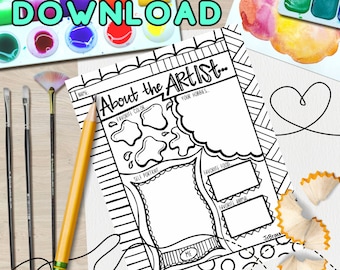May include: Black and white printable worksheet with the title "About the Artist..." and prompts for a self portrait, favorite color, favorite food, and favorite animal. The worksheet is designed for children to fill in the blanks.
