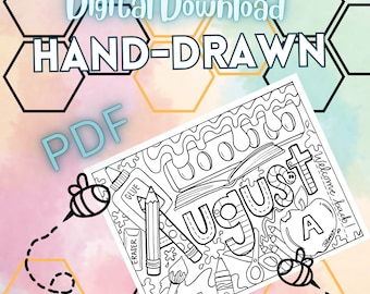 August Printable Coloring Page - Hand-Drawn August Coloring Page - Month Color Sheet - Original August Coloring Page - Digital Download