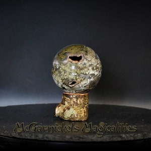 Moss Agate Sphere With White Poplar Stand 2.71" Druzy Cave Translucent Green Moss Agate Crystal Ball with Blue Agate Inclusions