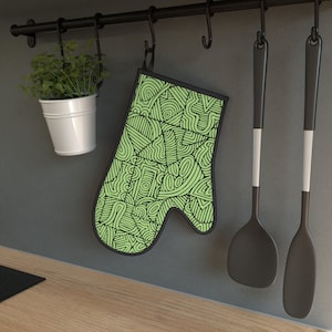Mint Green Patterned Oven Mitt for Women Colorful Fun Oven Mitt with Unique Hand-Design Cute Oven Mitt in Mint Green
