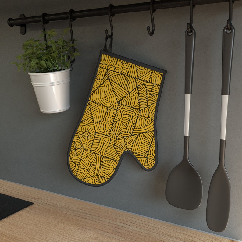 Yellow Patterned Oven Mitt, Colorful Fun Oven Glove, Unique Hand Designed Oven Mitt, Cute Bright Yellow Oven Mitt, Yellow Oven Mitt image 1