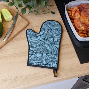 Light Blue Patterned Oven Mitt, Colorful Fun Oven Glove, Original Hand Designed Oven Mitt, Cute Unique Blue Oven Mitt, Light Blue Oven Mitt