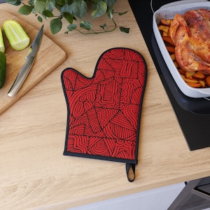 Red Patterned Oven Mitt, Colorful Fun Oven Glove, Unique Hand Designed Oven Mitt, Cute Bright Red Oven Mitt, Red and Black Oven Mitt