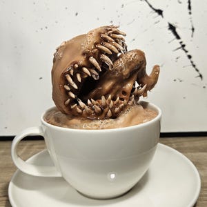 May include: A white ceramic teacup and saucer with a brown, textured, creature-like object with teeth inside. The creature is partially submerged in the teacup.