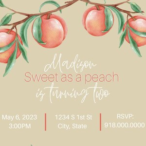 Sweet As A Peach Invitation, Birthday Invite, Peach