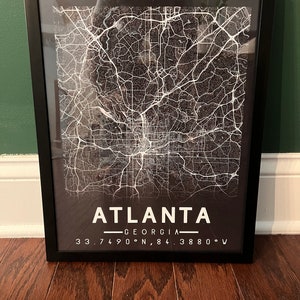 11x14 Black and White Map Poster and Frame - Atlanta Map Wall Art Poster on Canvas | Modern Map Housewarming Gift