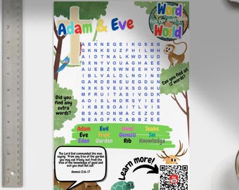 May include: A colorful word search puzzle featuring the story of Adam and Eve from the Bible. The puzzle includes words like "Adam", "Eve", "Garden", "Fruit", "Snake", "Sin", "Knowledge", "Genesis", "Rib", and "Good". The puzzle is surrounded by illustrations of a tree, a snake, and a monkey. The text "Did you find any extra words?" is included in the puzzle. The text "Can you find all 12 words?" is also included in the puzzle. The text "Learn more!" is included in the puzzle with a QR code.