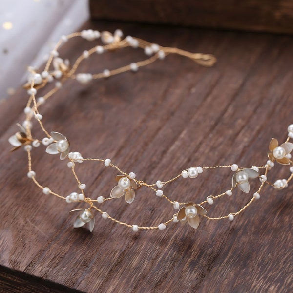 Bandeau de mariée en forme de feuille et de perles | Or | Accessoire pour cheveux de mariage | Bijoux pour cheveux | Accessoire chic/chignon