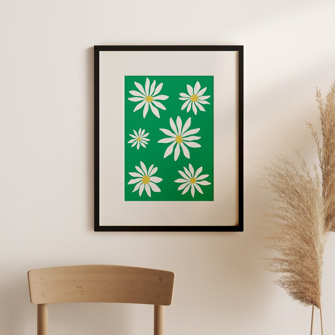 Green White and Yellow Daisy Art Print, Green Floral Digital Art ...