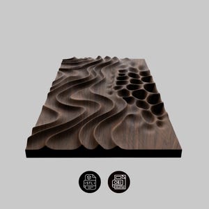 May include: A dark brown, wooden relief sculpture with a flowing, organic design. The piece features undulating, wave-like patterns and a section with a honeycomb-like texture. The sculpture is rectangular and has a black base. Includes STL and OBJ file icons.