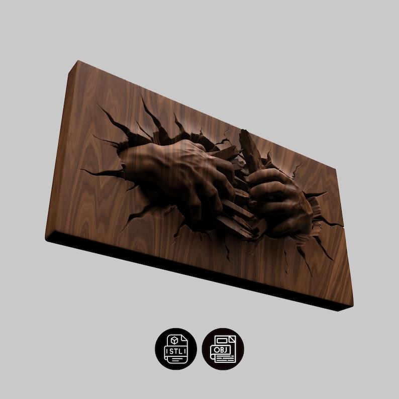 May include: A dark brown wooden wall art piece with a relief sculpture of two hands breaking through the wood. The hands are intricately detailed, and the wood grain is visible. The artwork is rectangular in shape and appears to be 3D.