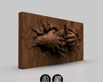 3D Relief Hands Breaking Through Wood STL File for CNC Router and 3D Printer, Wood Carving Wall Art Decor, Digital Download