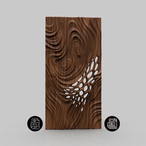 May include: A rectangular dark brown wooden panel featuring a carved, flowing topographical wave pattern across its surface. A section of the panel contains an intricate, open-work lattice design with organic, oval-shaped cutouts throughout.