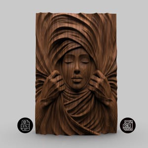 May include: A wooden relief carving of a serene face with closed eyes, draped in flowing fabric. The artwork is a rectangular panel with a detailed, three-dimensional effect, showcasing the natural wood grain. The piece has a warm, brown tone.