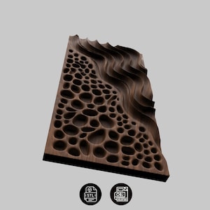 May include: A rectangular dark brown wooden panel featuring a dual-textured surface. One side displays a series of organic, rounded, recessed holes of varying sizes, while the other side consists of smooth, flowing, wave-like carved ridges.