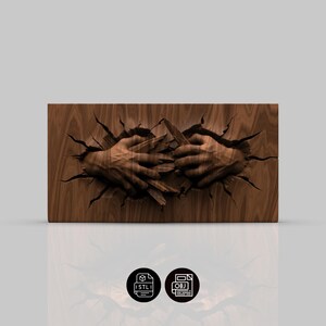 May include: A brown wooden relief sculpture showing two hands breaking through a wooden surface. The hands are grasping and breaking apart pieces of wood. The artwork has detailed textures and cracks.
