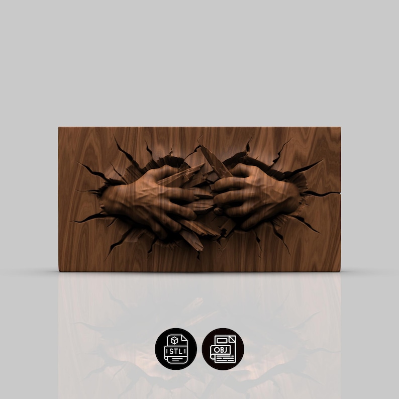 May include: A brown wooden relief sculpture showing two hands breaking through a wooden surface. The hands are grasping and breaking apart pieces of wood. The artwork has detailed textures and cracks.