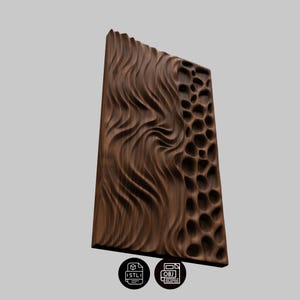 May include: A dark brown, carved wooden panel with a unique design. One side features flowing, wave-like patterns, while the other has a series of circular, honeycomb-like cutouts. The panel is angled and has a textured surface. Includes STL and OBJ file icons.