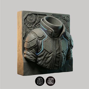 May include: A dark gray, futuristic jacket sculpture with blue neon accents. The jacket is mounted on a rectangular, textured background with mechanical details. The sculpture has a high collar and padded shoulders, with the STL and OBJ file icons at the bottom.