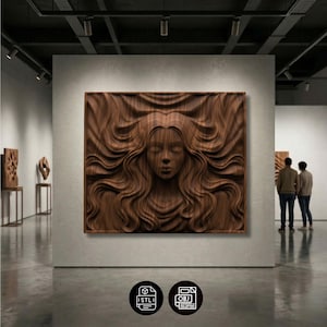 May include: A large, intricately carved wooden wall art piece depicting a woman with flowing hair and closed eyes. The artwork is displayed in a gallery setting, showcasing the detailed wood grain and texture. The piece is approximately 36 inches square.