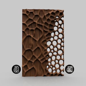 May include: A rectangular dark brown wooden wall panel featuring a carved surface with organic, undulating depressions on the left and a series of interconnected circular cutouts on the right side, flanked by two small circular file icons.